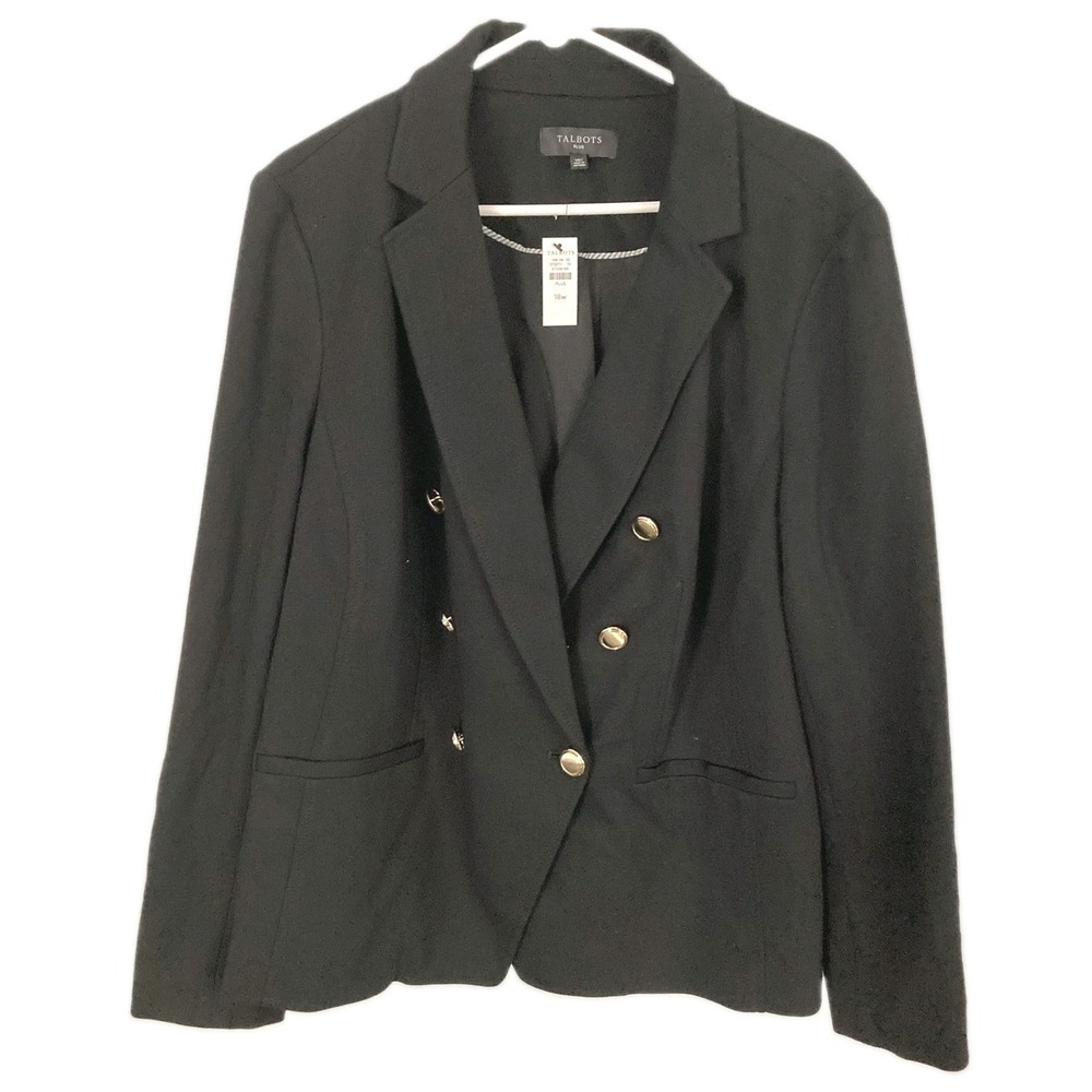 Talbots Blazer Women 18W Plus Blk Double Breasted Stretch Gold Button Rayon NWT